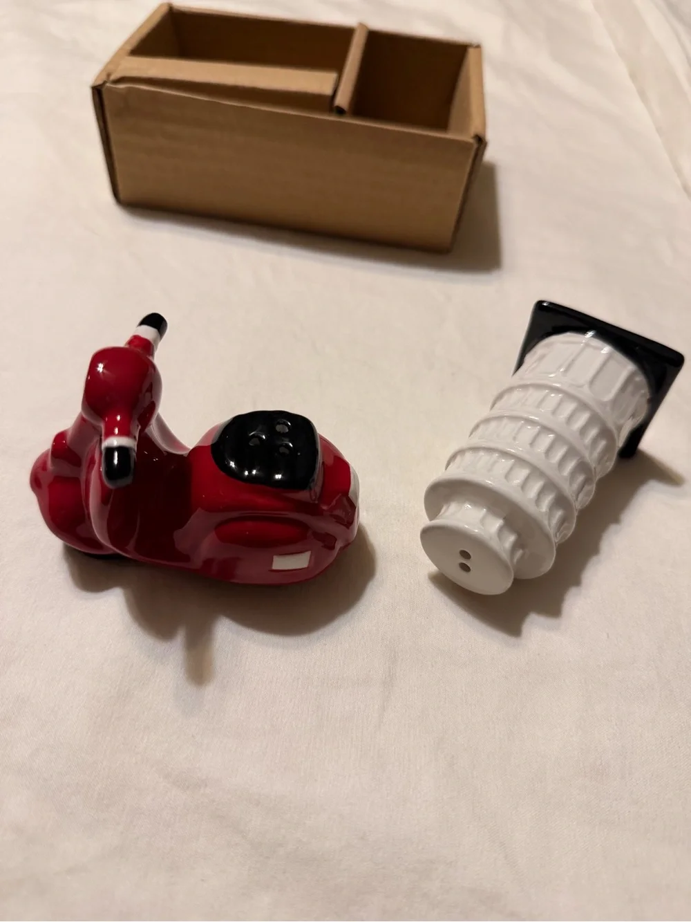 New world Market Salt & Pepper Shakers Set of White Pisa Tower & Red Scooter